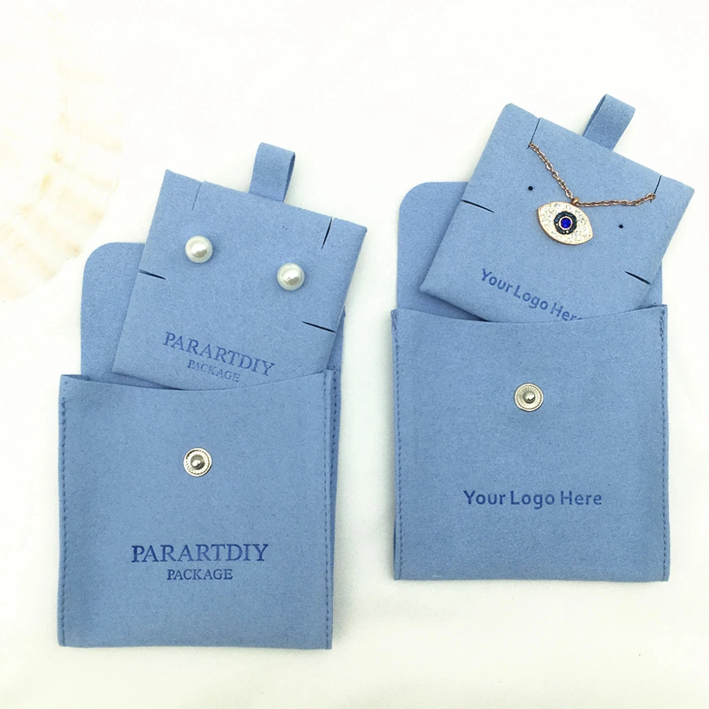 50 sets of blue personalized jewelry packaging bags custom logo button bag fashion small envelope bag necklace clip microfiber