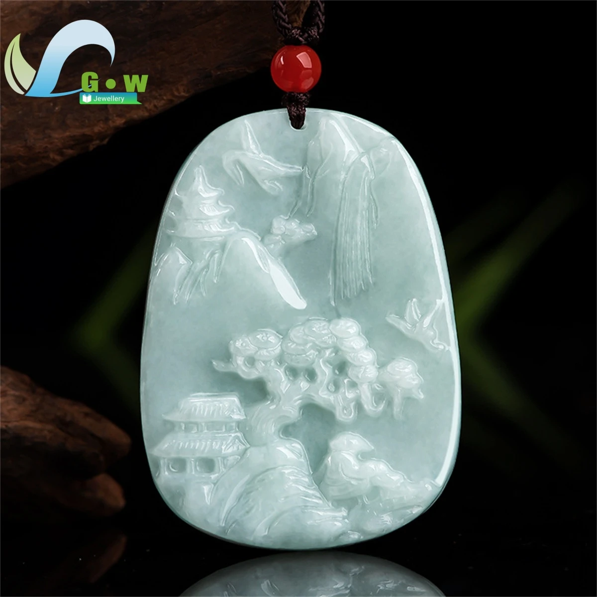 Натуральный ледяной зеленый жадеит резной высокие горы струящаяся вода