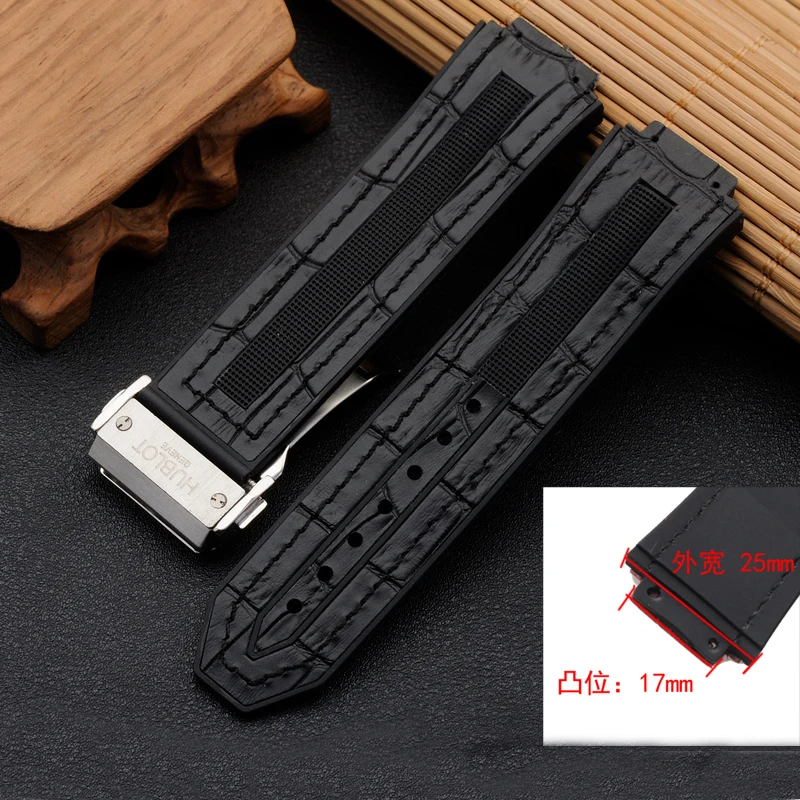 For TPU Tape Hublot Yubo Watchband Genuine Leather Watch Strap 25mm *17mm Stainless Steel Folding Buckle Men's Big Bang Series
