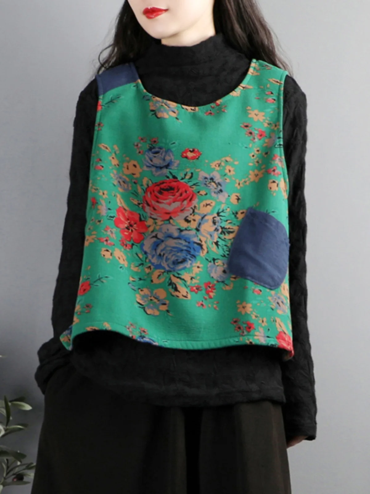 Ethnic Sle Big Flower round Neck Pullover Vest Women Winter Outer Wear Chinese Women clothes Top Fleece-lined Thicken... |