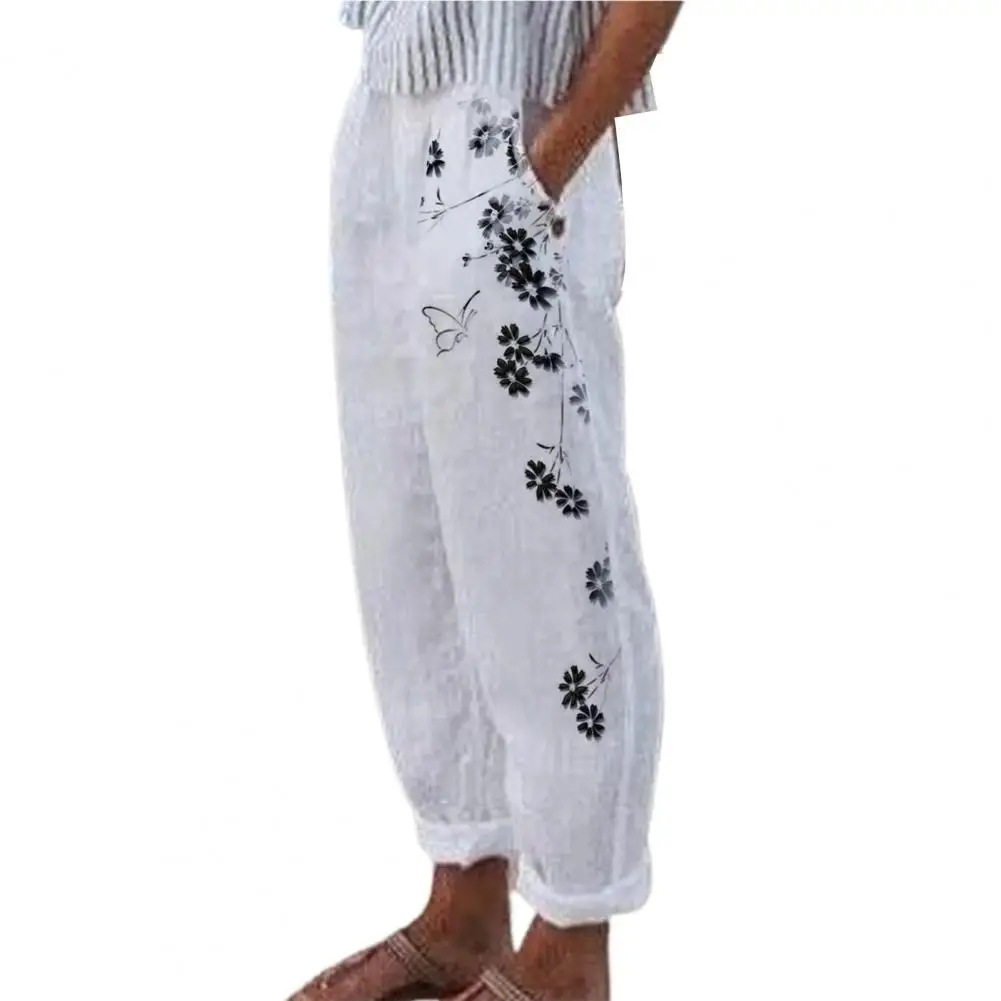 

New Women Harem Pants Vintage Women Pants Loose Fit Mid Waist All-match Flower Print Cropped Pants Streetwear Wide Leg Trousers