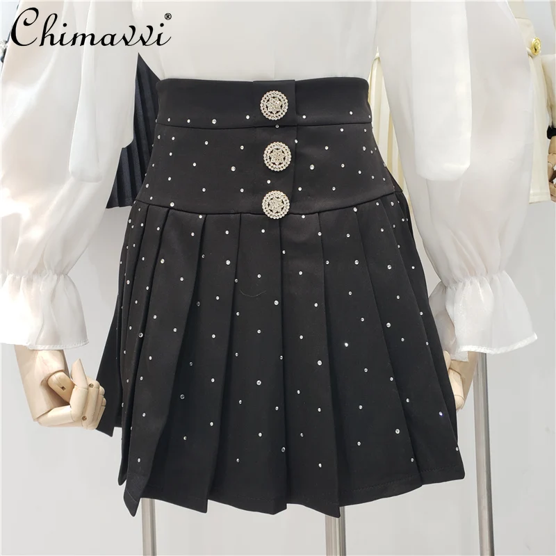 

2022 Early Spring New Fashion All-Match Rhinestone Single-Breasted High Waist A- Line Skirt Elegant Slim Pleated Short Skirts