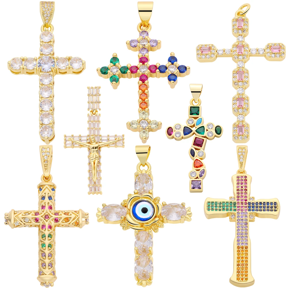 

Juya DIY 18K Real Gold Plated Cubic Zirconia Catholic Christian Cross Pendants For Handmade Women Talisman Rosary Jewelry Making