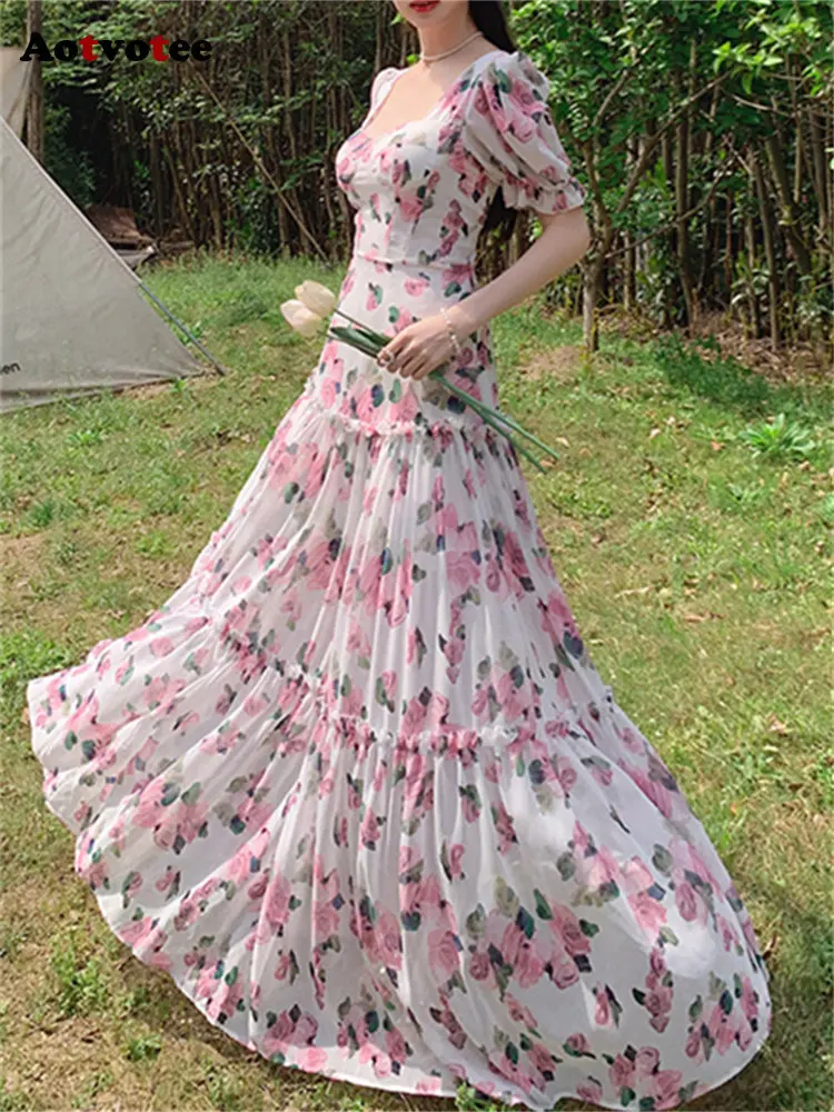 

Aotvotee Floral Maxi Dresses for Women 2023 New Fashion Vintage Elegant Square Collar Summer Dress Fairycore Short Sleeves Dress
