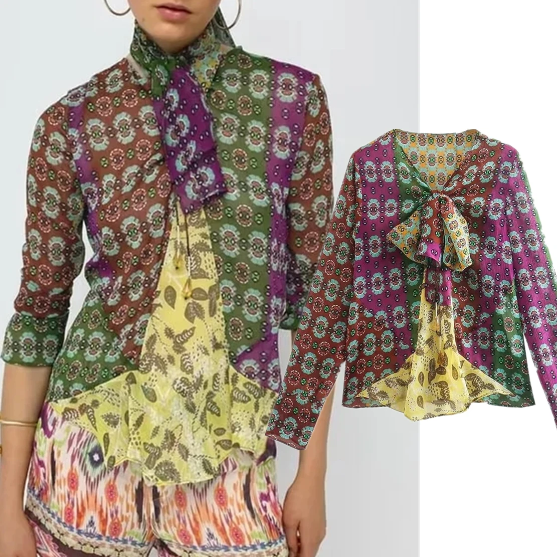 

Jnny & Dave 2022 Indie Этническая винтажная модная блузка с геометрическим рисунком Топы шифоновая рубашка с оборками Повседневная Женская блузка