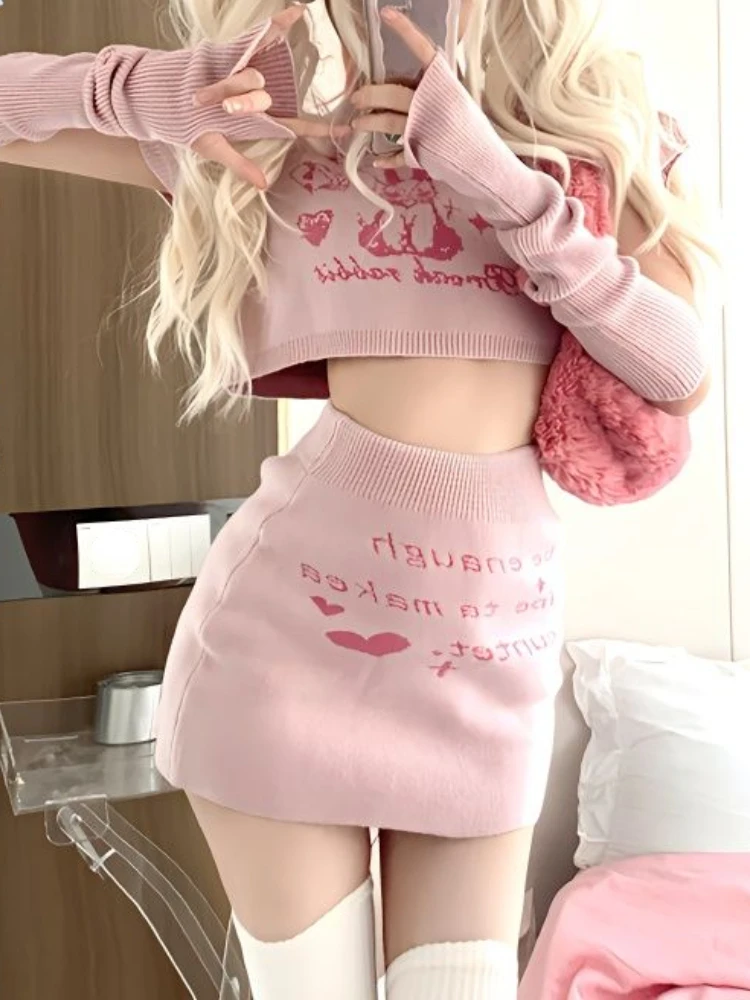 

Knitted Pink Kawaii Lolita Skirts Suit Women Japanese Casual Two-piece Set Female Y2k Crop Tops + Party Mini Skirt Winter 2024