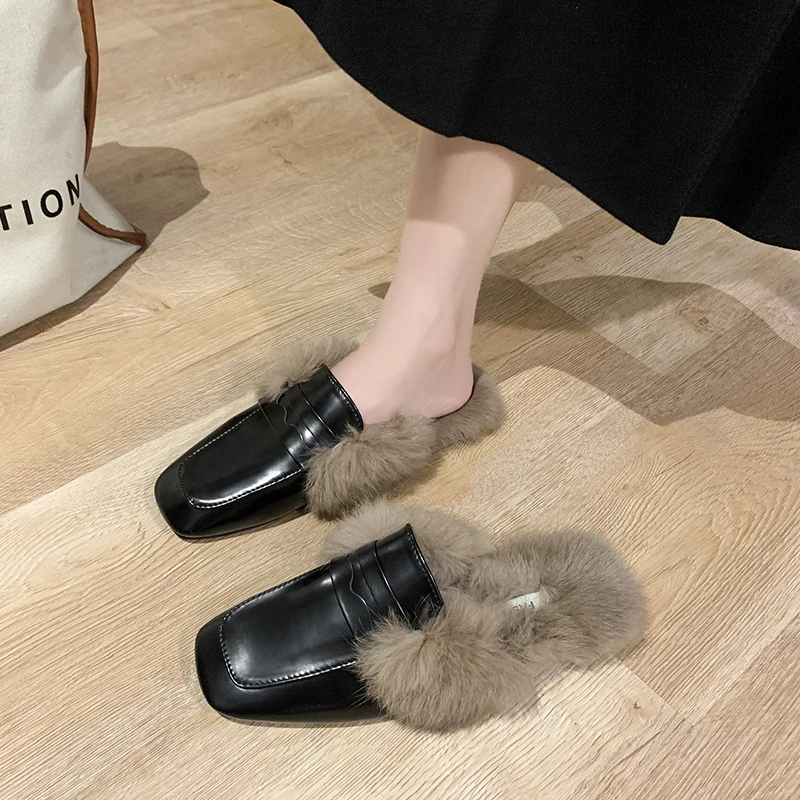 

Мюли женские меховые, теплые зимние тапки, кроличьи меховые тапочки, сланцы, 2022