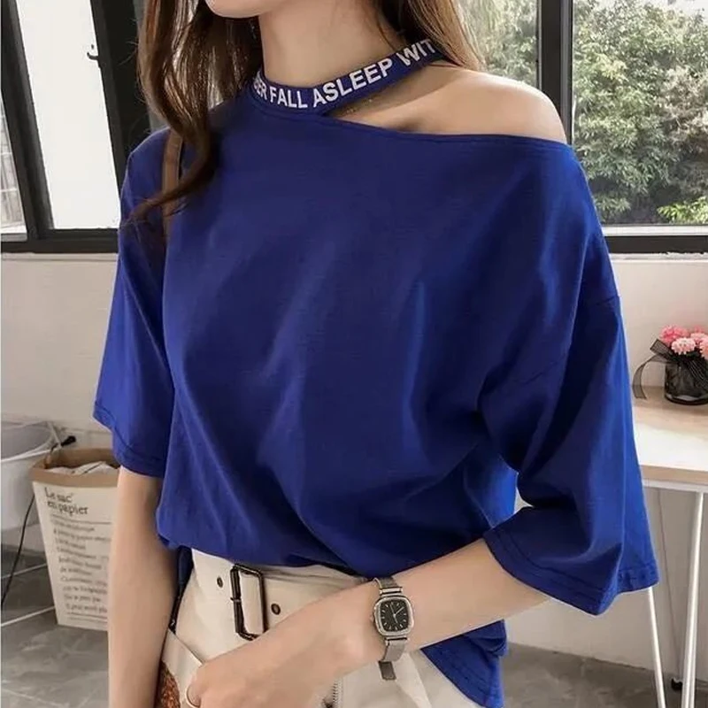 

Summer New Letter Printing T Shirt Top Short Sleeve Hanging Neck Off Shoulder Solid Color Pullovers Casual Fashion Women Clothes