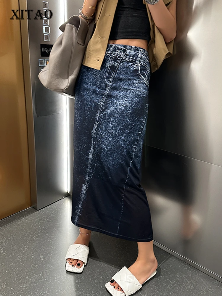 

XITAO Cowboy Print Skirts Women Korea 2023 Summer New Arrival Personality Fashion Loose Mid-calf All Match Skirts DMJ1674