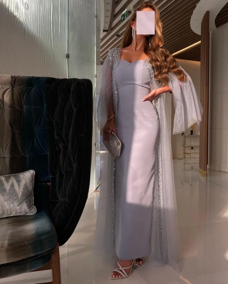 

Женское вечернее платье до щиколотки, элегантное платье серого и синего цвета из тюля с блестками и накидкой, 2023