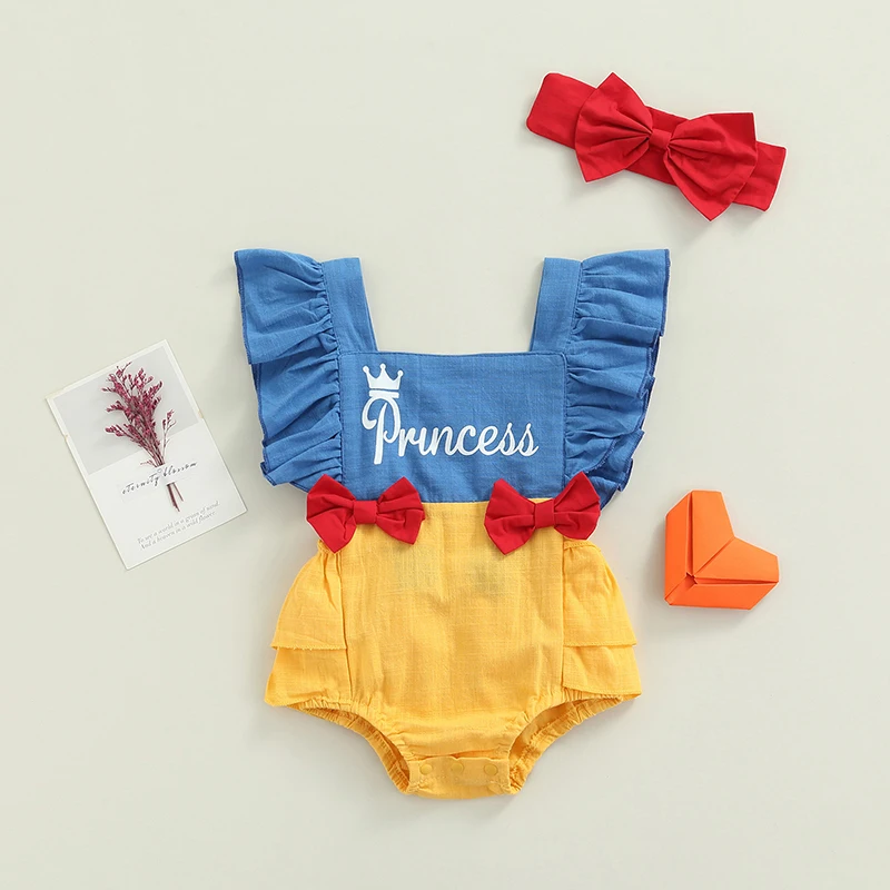 

2Pcs Baby Girls Summer Outfit, Letters Print Stitching Square-Neck Backless Romper + Hairband for Toddlers, 0-18 Months