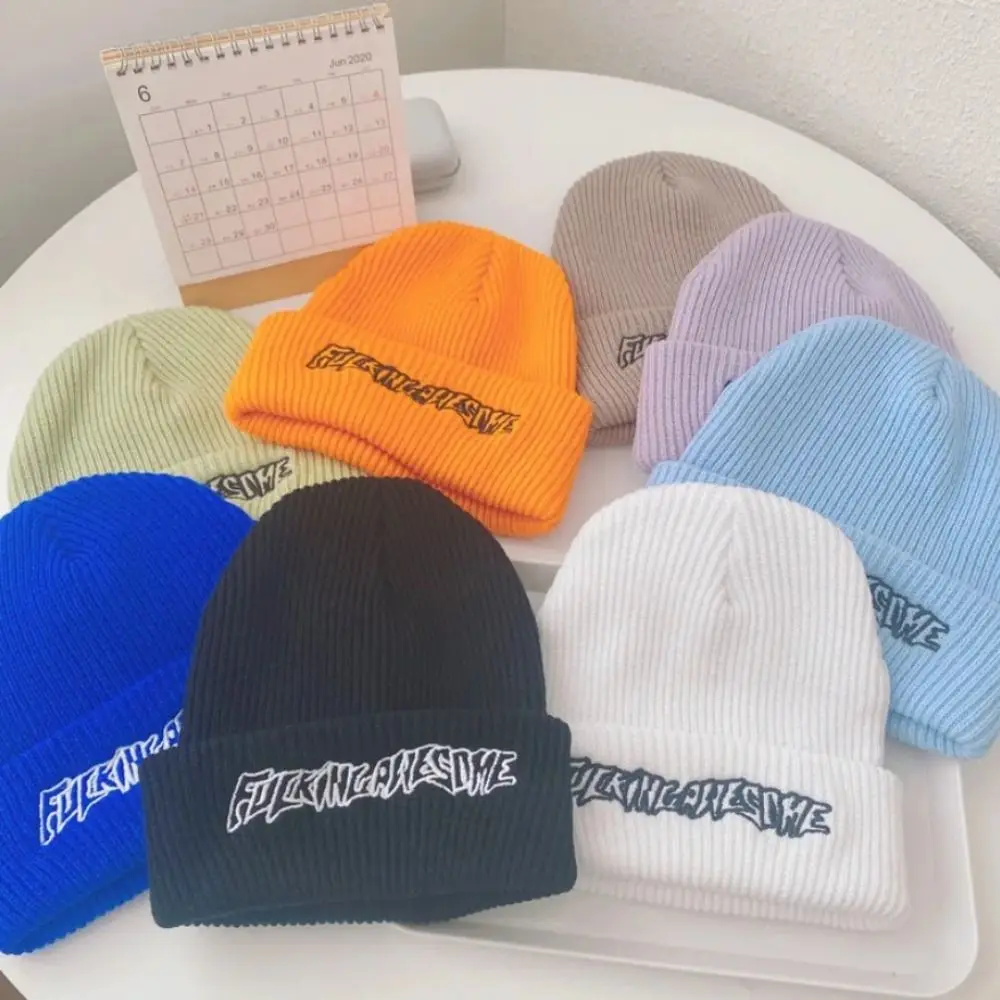 Hot Sale Casual Knitted Hat Thickening Keep Warm Pullover Embroidered Windproof Bonnet Caps