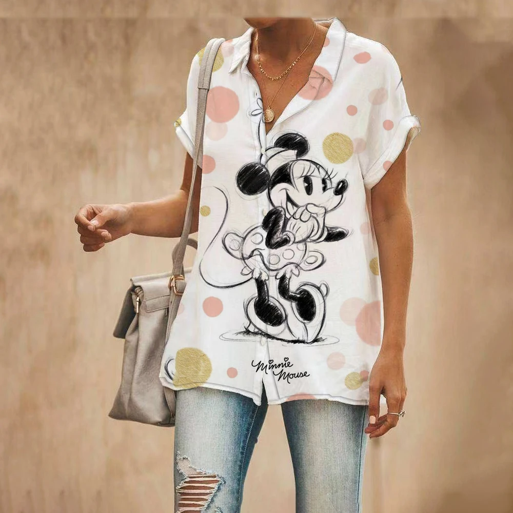 

Летняя новая брендовая Повседневная рубашка с коротким рукавом от Disney, коллекция аниме Микки и Минни, милый Приталенный топ с 3D-принтом y2k
