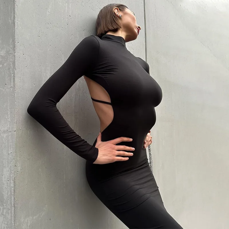 

Женское плиссированное платье с круглым вырезом и открытой спиной, облегающее платье с длинным рукавом, осень 2023