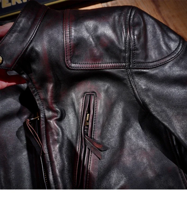 Blunt Razor Men's Biker Jacket Tea Core Horse Leather Washed Aged Stand Collar Tom Hardy Classic Venom Vintage