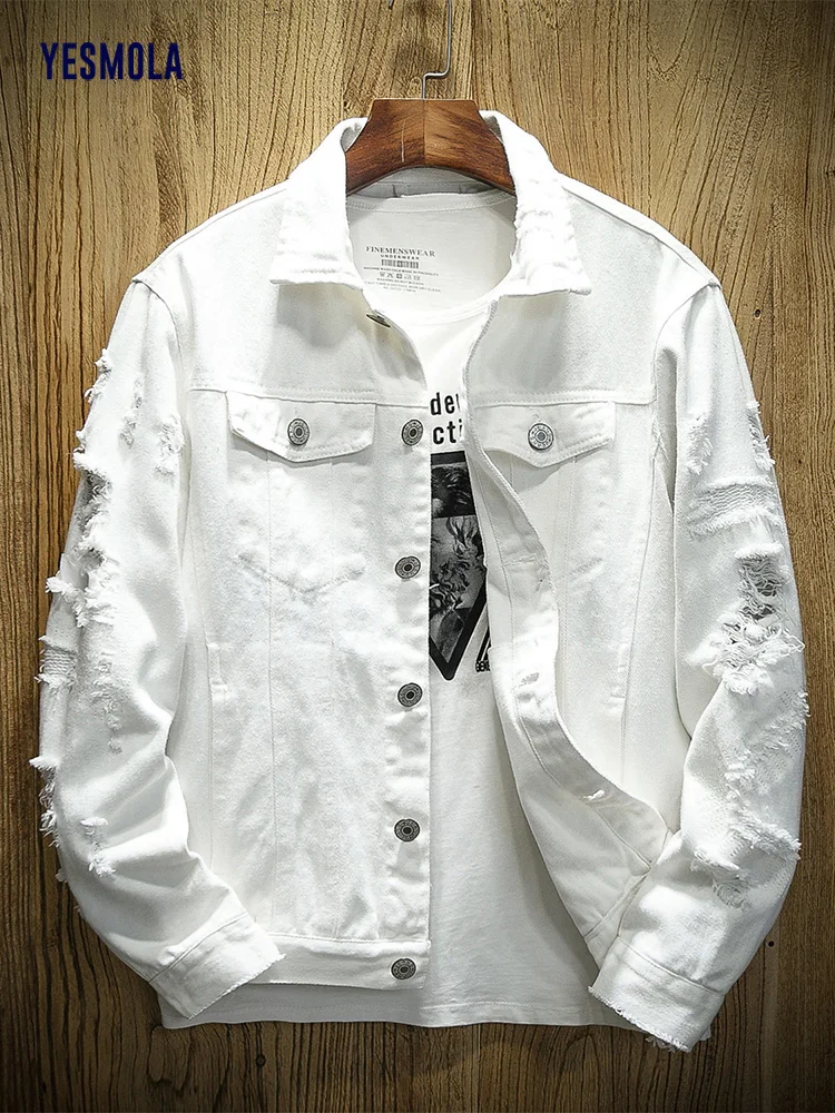 

Spring Autumn Men's Jean Jacket Slim Fit Cotton Denim Jacket Red White Black Ripped Hole Jean Coats Men Outwear Plus size