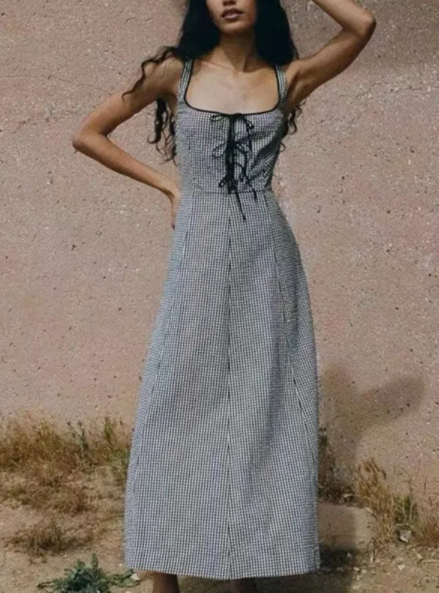 

Women Lace Up Square Collar Sleeveless High Waist Vintage Maxi Dress
