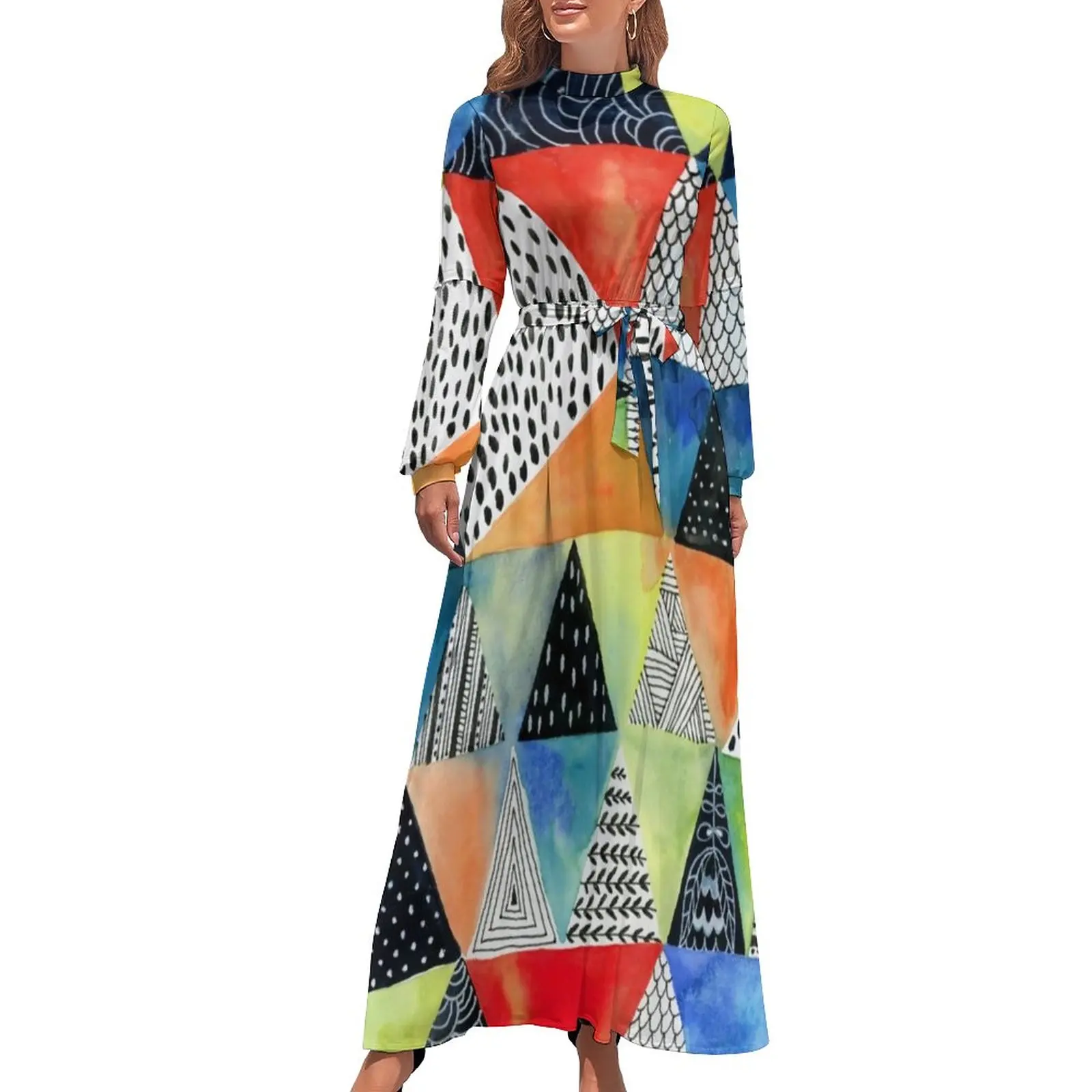 

Abstract Geometry Dress Doodled Print Streetwear Bohemia Dresses Female Long Sleeve High Waist Modern Long Maxi Dress