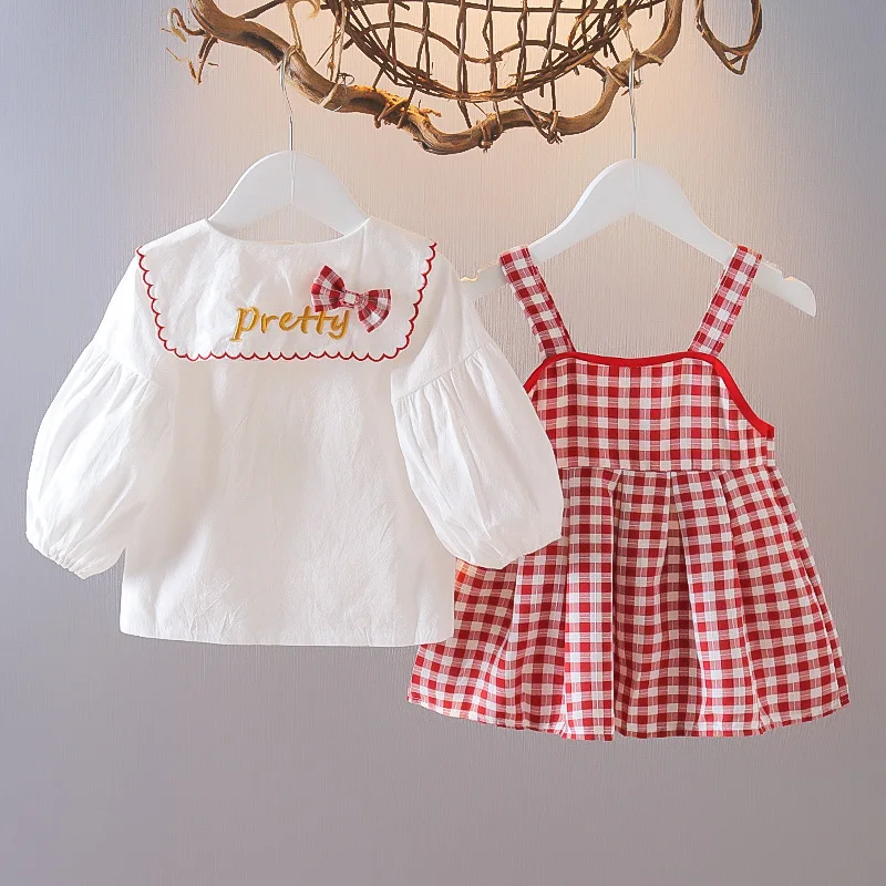 

2022 spring autumn girls dress long sleeve cotton sititching plaid kids party dresses cute toddler clothes set