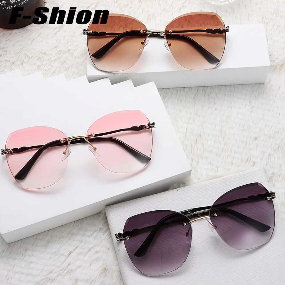 

2022 Fashion Tea Gradient Sunglasses Women Ocean Water Cut Trimmed Cutting Lens Metal Curved Temples Sun Glasses Female UV400