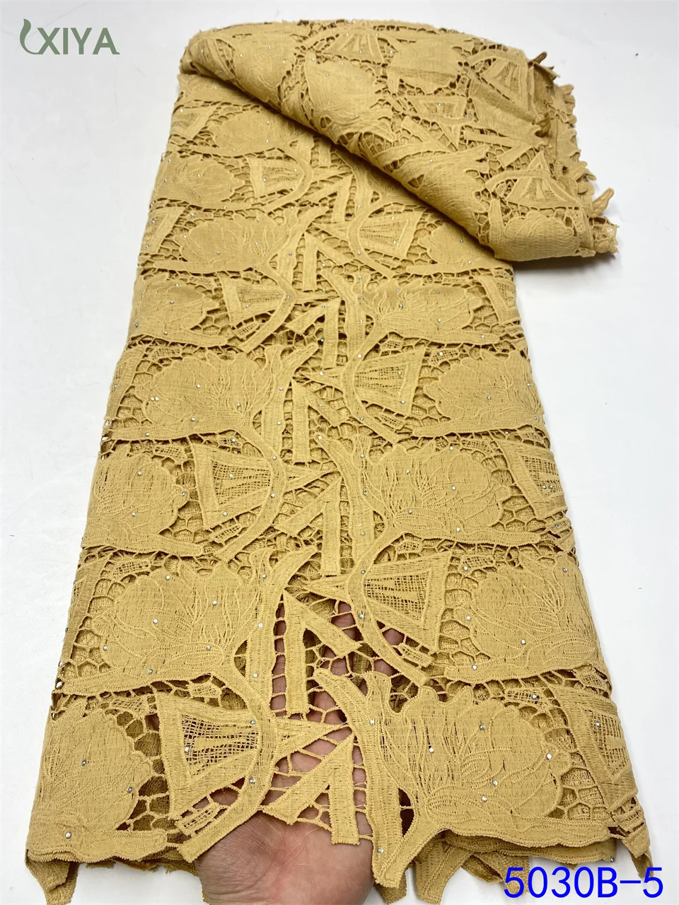 

XIYA LACE Milk Silk Lace Fabric Nigerian Guipure Lace Fabric with Stones Embroidery African Lace Fabric for Woman Dress APW5030B
