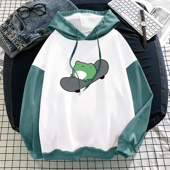 Kawaii Skateboard Frog Hoodies Sweatshirt Women Teen Girls Autumn Oversized Pullover Top Harajuku Patchwork Sudaderas Свитшот 1
