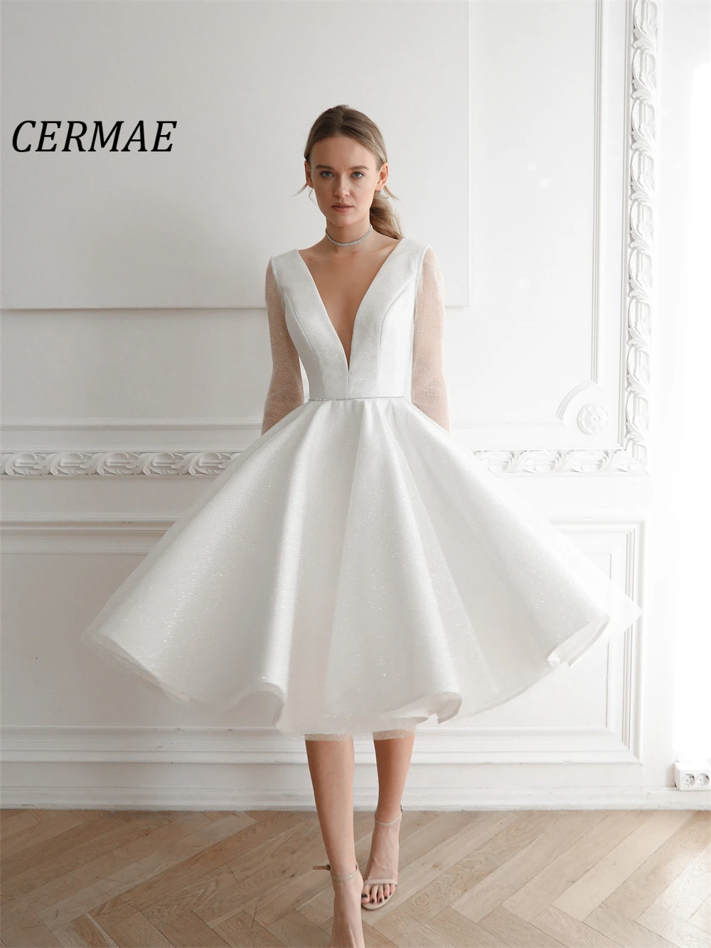 

CERMAE V-Neck Long Sleeves Chiffon Wedding Gown Prom White Shaggy Skirt A-Line Party Dresses for Women 2023 PHOTO FACTORY PRICE