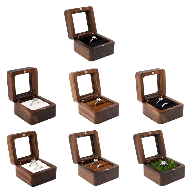 

D7WB 2.17x2.17x1.38in Jewelry Box Wedding Wooden Box with Soft Interior Holder Brown