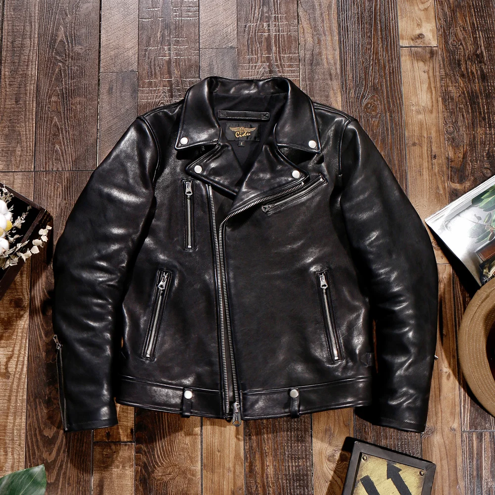 

YR!Free shipping.Double rider leather jacket.classic biker tanned 1.0 thick sheepskin coat.men fashion black leather шевро