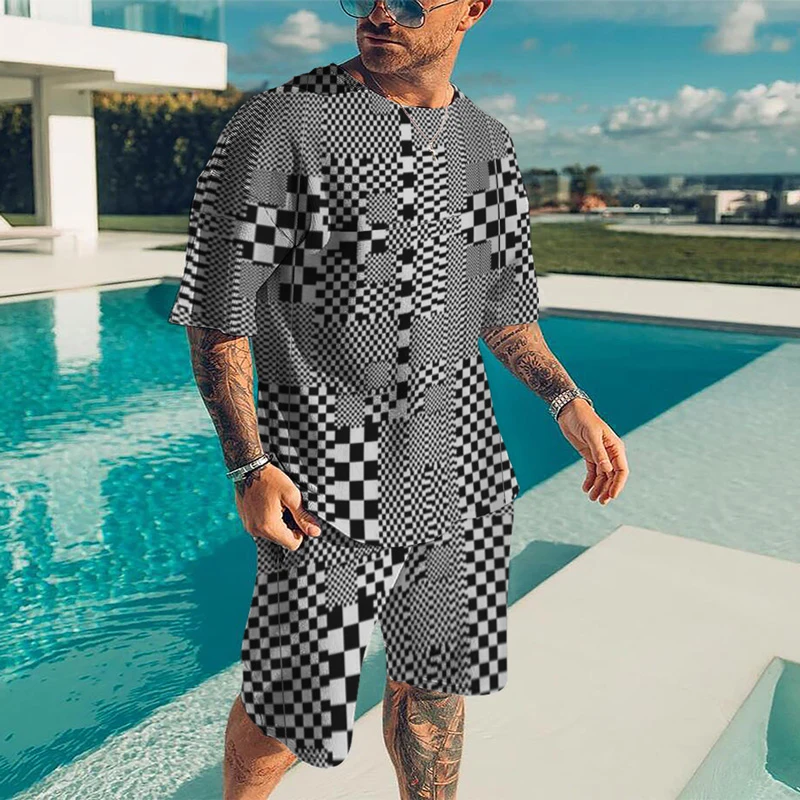 

2022 Summer Trend Stripe Mechanism 3D Printing Map Street Beach Pool Party Men And Women Sports T-Shirt Suit Casual Wild Loose