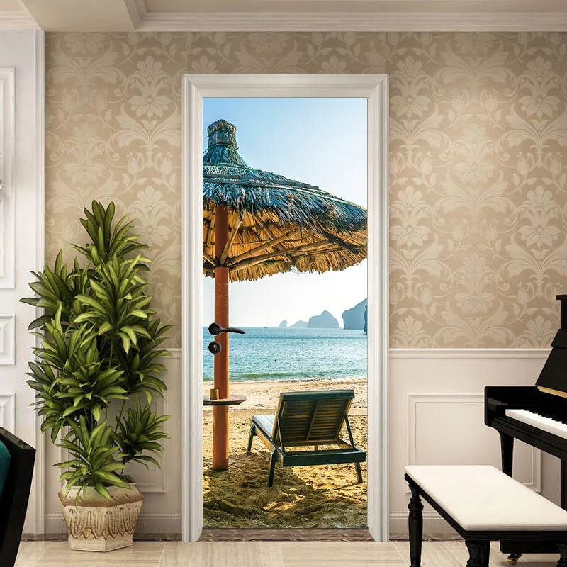 Пляжные теплые зонтики для шезлонгов с видом на море, наклейка на дверь, декоративная картина для спальни и гостиной, самоклеящаяся стена из ПВХ.