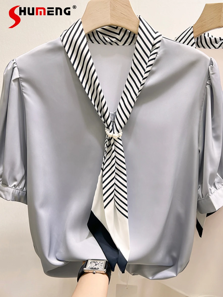 

Temperament V-neck Striped Lace-up Beaded Pullover Shirt Women Solid Thin Satin Short-Sleeved Chiffon Blouse 2022 Summer Blusas