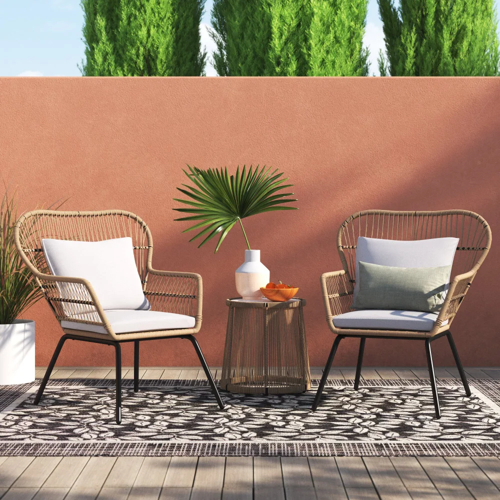 

Barton 3pc Patio Chair Set w/Glass Table Bistro Wicker Rattan