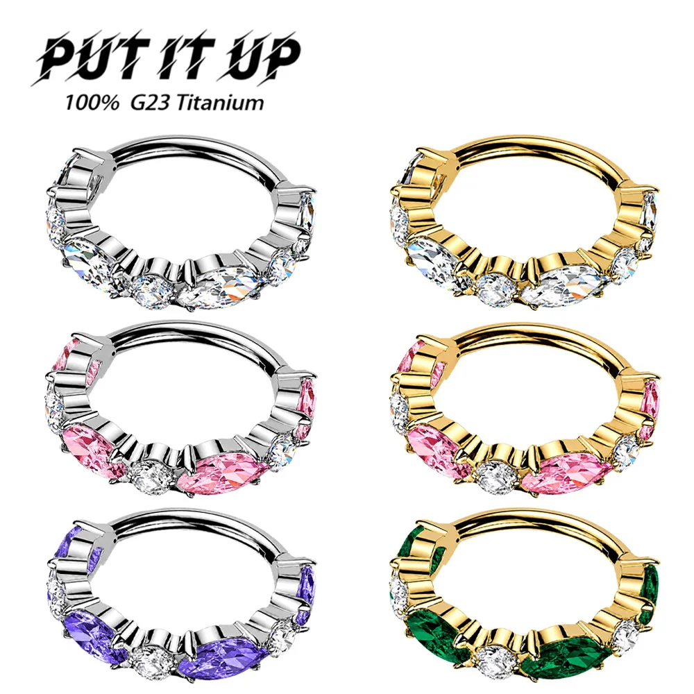 Фото PUTITUP ASTM F136 G23 Титановое кольцо-кликер с фианитом в форме маркизы для септума, носа, хеликса, хрящика, разноцветное украшение для тела с цирконом. №1