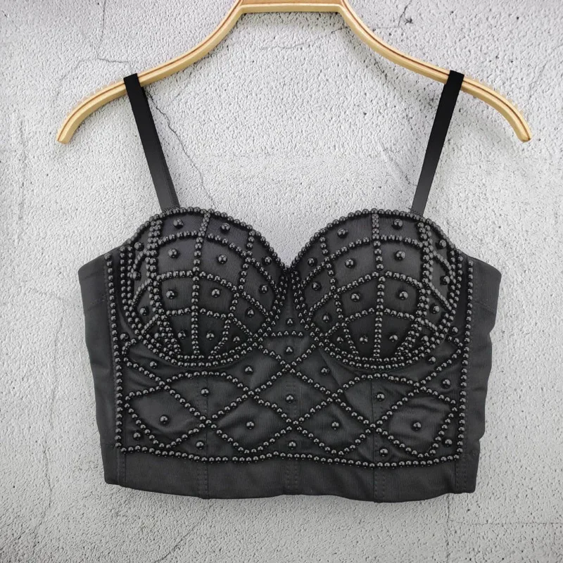 

2022 Sexy Women Tank Tops Summer Sleeveless Pearl Beading Slim Women Strapless Bra Corest Tops Female Solid Color Camisole