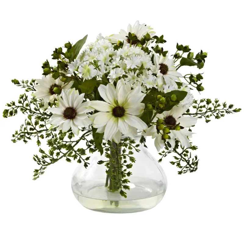 

Mixed Daisy Artificial Floral Arrangement with Vase, White