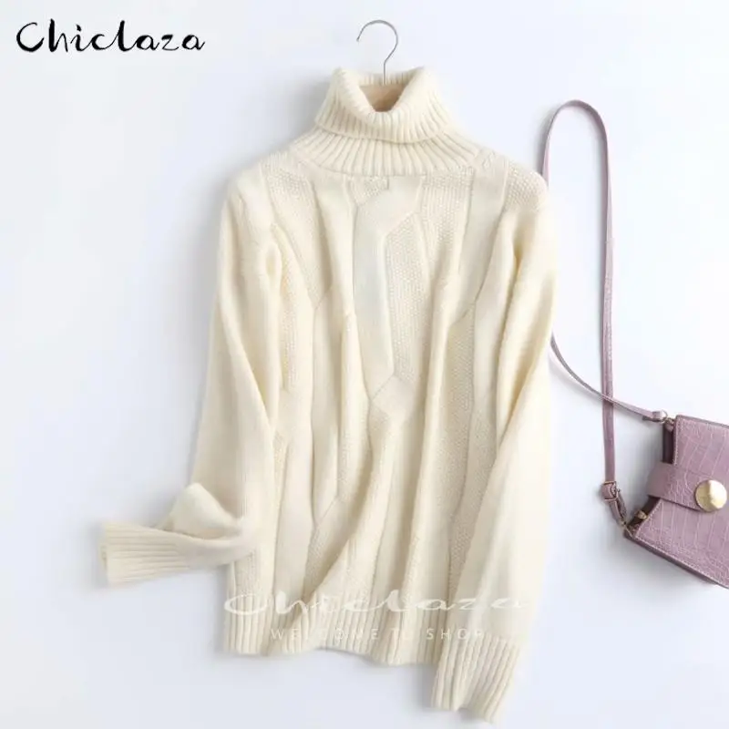

CHICLAZA 2022 New Spring Autumn Women Office Lady Loose Turtleneck Sweaters Female Fashion Pullovers Tops Jumper