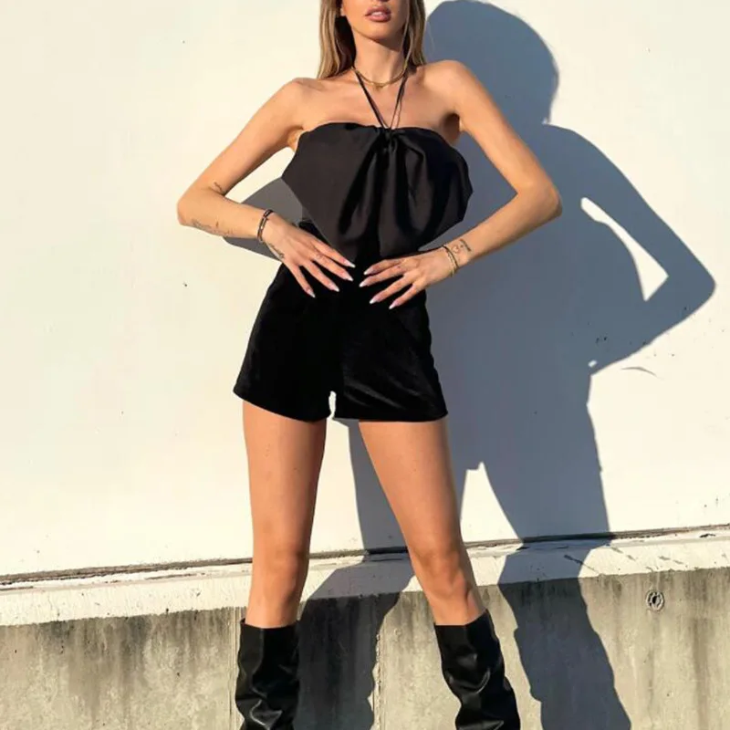 Summer Sexy Big Bow Halter Women Shorts Romper Solid Color Off Shoulder Backless Jumpsuits Chic Female Lace Up Urban Playsuits