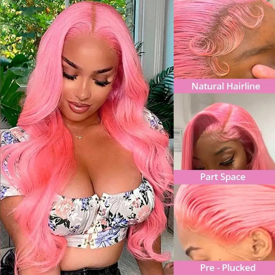

13x4 Pink Lace Front Wigs Human Hair Body Wave Brazilian Remy Pre Plucked Transparent 4x4 Closure Wig For Women 200 Density