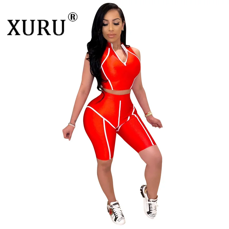 XURU European and American Summer New Women's Jumpsuit Stitching Stand-up Collar Sports Sexy Slim Jumpsuit