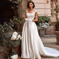 sumnus square neck wedding dress sleeveless lace appliques bride gown satin a line wedding gowns 2022 backless bridal dresses