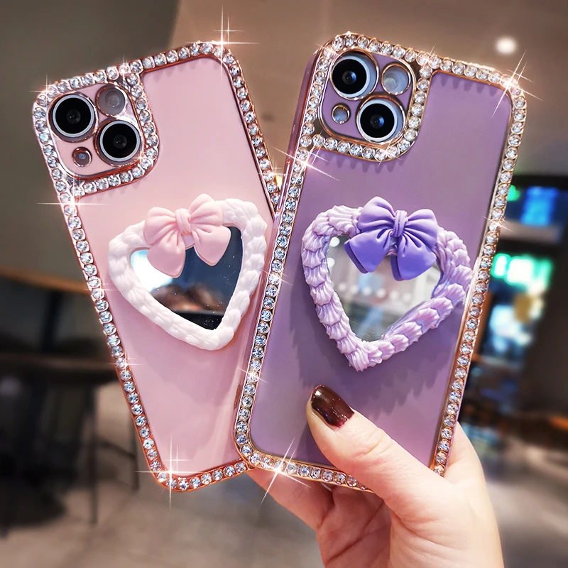 

For IPhone 13 Pro Max Mobile Phone Shell Rhinestone Protective Cover with Makeup Mirror Silicone Soft Lens for IPhone 13 Pro
