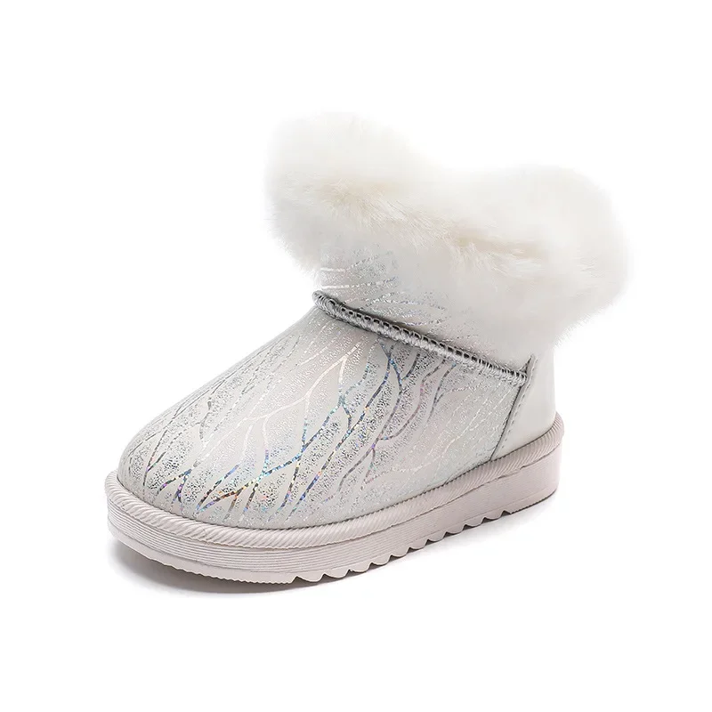 

Children Winter Snow Boots New Solid Black Boots Kids Thick Warm Cotton-padded Shoes Girl Bling Boots Flat Round-toe Boys Boots