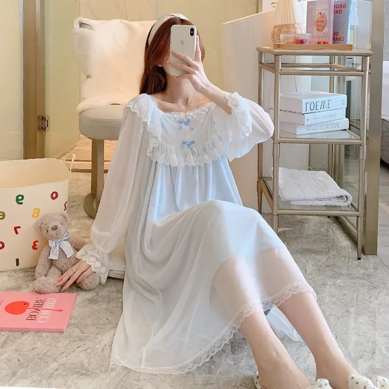 Женская винтажная Ночная сорочка с длинным рукавом и круглым вырезом