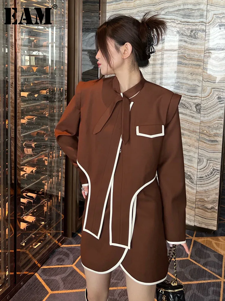 

[EAM] Half-body Skirt Two Pieces Suit New Stand Collar Long Sleeve Brown Loose Women Fashion Tide Spring Autumn 2022 1DE7184