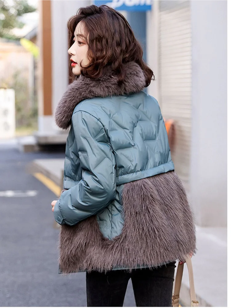 New Women Down Jacket Winter Casual Fashion Turn-down Collar Faux Fur Splicing White Duck Down Coat Thick Warm Outerwear Female