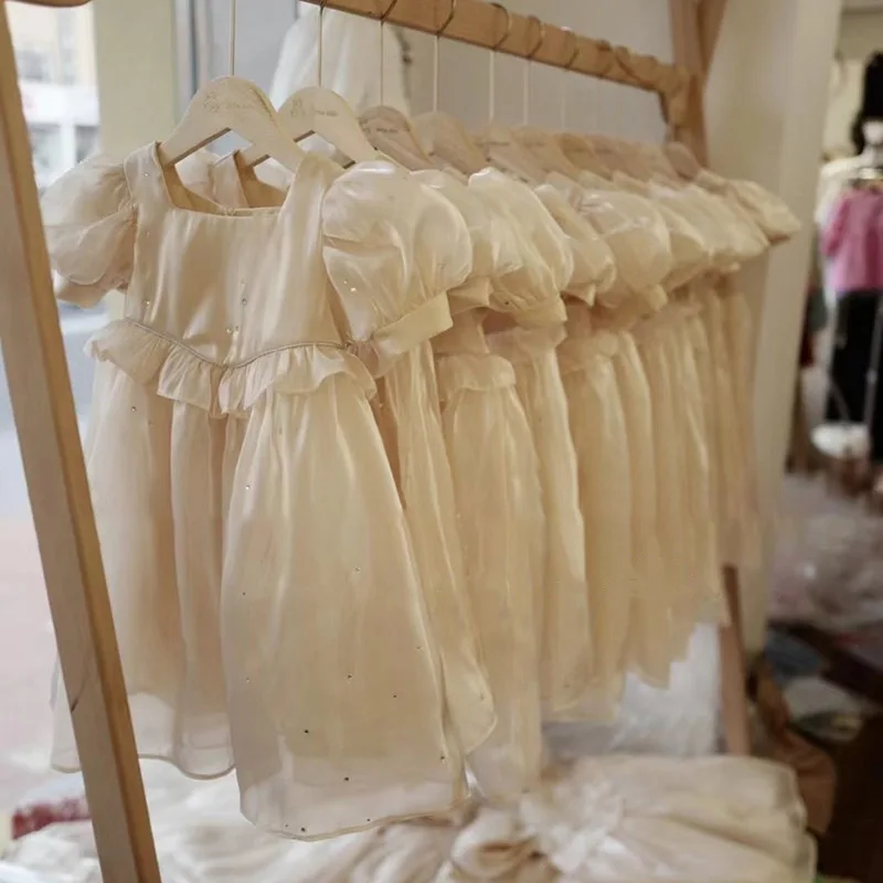 

2022 Summer Sequined Girls' Dress Lantern Sleeve Ruffle Champagne Bridesmaid Child Girl Dress Kids Ceremonial Clothes 2-8 Years