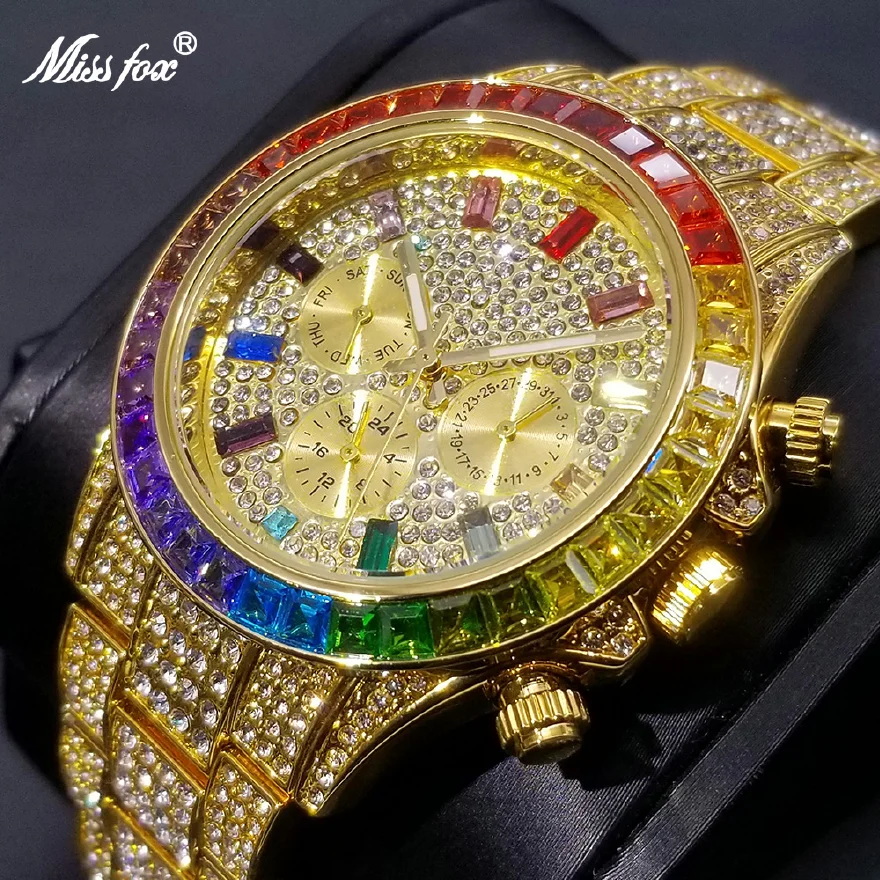 

MISSFOX New Mens Watches Colorful Full Diamond Luxury Ice Out Calendar Quartz Watches Fashion Week Display Waterproof Clock 2021