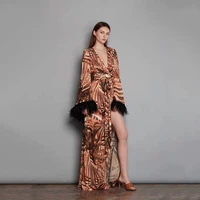 womens feather long dress party evening dress fashion cocktail robe long sleeves festival split bohemia printed dress new