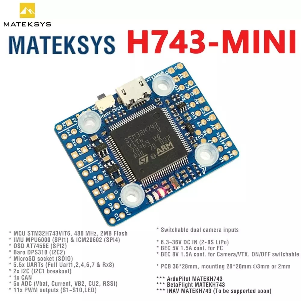 

20x20mm Matek H743-MINI V3 H743 Flight Controller STM32H743VIT6 ICM20602 Built-in OSD DPS310 PDB for FPV RC Racing Drone Parts